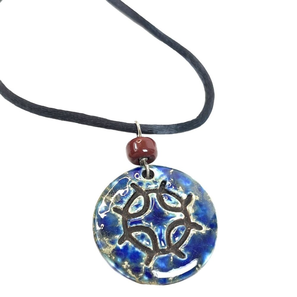 Handcrafted Ceramic Pendant Necklace With Blue & Red Beads On Black Cord A499